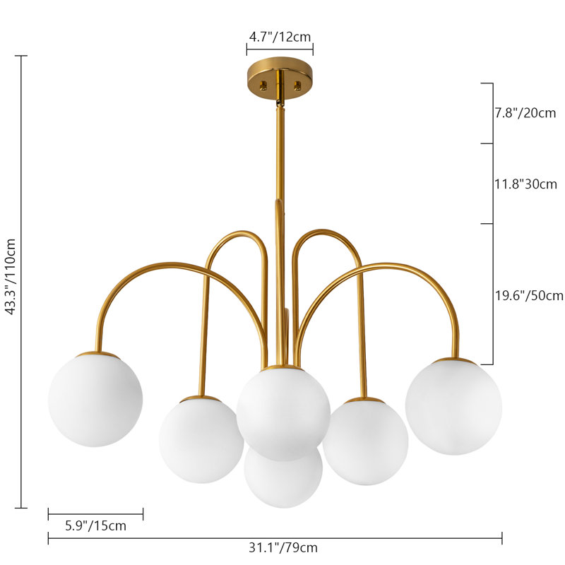 Spoffo 6-Light Contemporary Gold Ceiling Light Frosted Glass Globe Bubble Chandelier