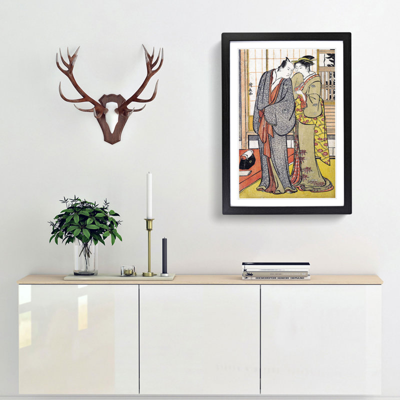 Ichikawa Yaozo III with a Lady by Torii Kiyonaga - Picture Frame Painting Print, 36cm H x 27cm W x 2cm D, Black Framed