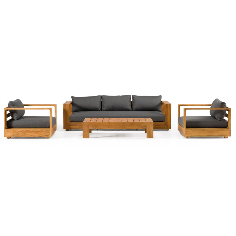 Santorini - Outdoor Grey Olefin Fabric + Natural Teak Sofa Set