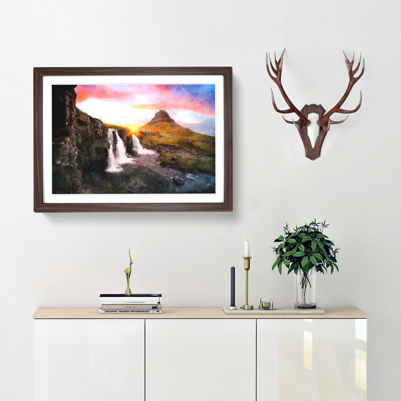Kirkjufell Waterfalls and Mountain - Picture Frame Painting Print, 45cm H x 63cm W x 2cm D, Walnut Framed