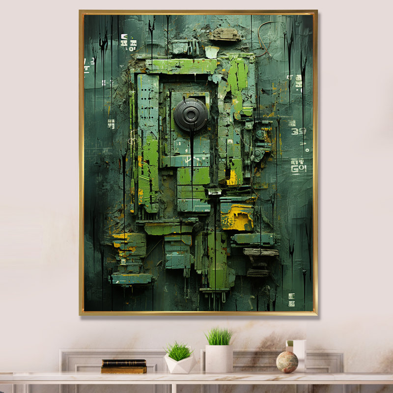 «Green Maya Shapes Mask II» - Décoration murale abstraite, Cadre flottant doré, H 20 po x l 12 po x P 1 po