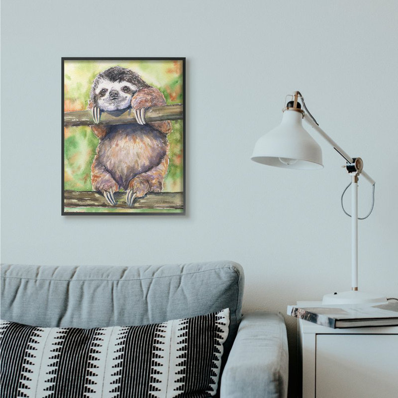 «Sloth Animal Watercolor Paint», impression sur toile, H 30 po x l 24 po x P 1,5 po, Giclée encadrée noir minuit