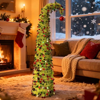 5 Feet Green Metal Wire Folding Telescopic Line Bending Neck Christmas Tree with 50 LED String Lights Round Piece Metal Wire Tree Suitable for Christmas Decoration New Year Gift （Without Battery)