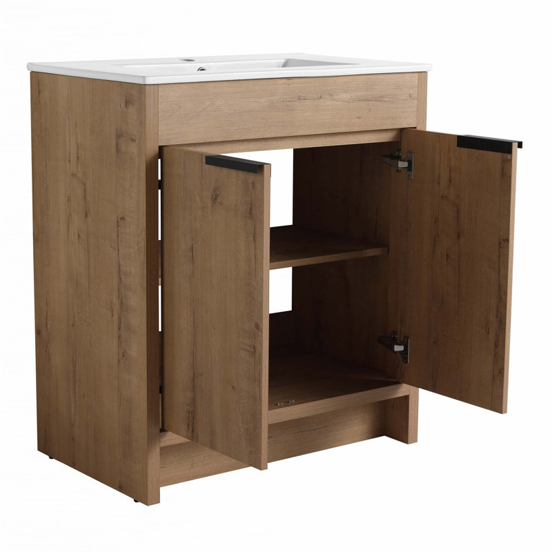 Meuble-lavabo autoportant avec lavabo en céramique, 30", Chêne, Blanc