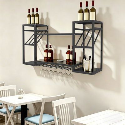 Wall Mounted Wine Rack 2-Tier Metal Floating Bottle Holder Liquor Shelves for Kitchen, Dining Room, and Bar