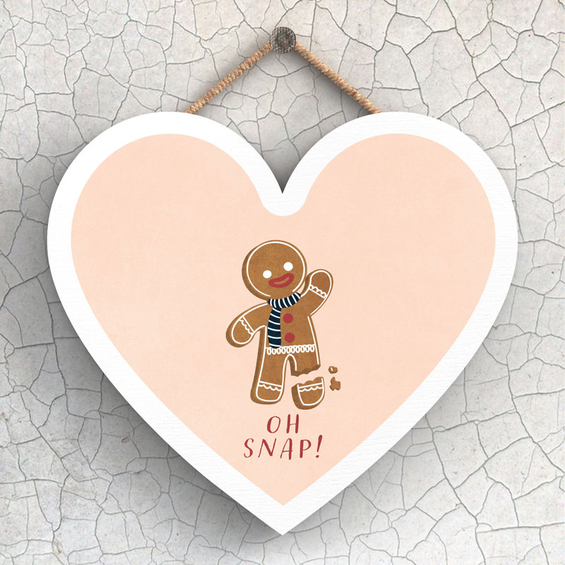 Xmas Oh Snap Gingerbread Wooden Heart Plaque, 16cm H x 17cm W x 0.9cm D