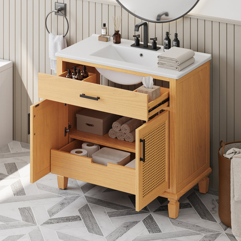 Meuble-lavabo en rotin avec lavabo en céramique, Naturel