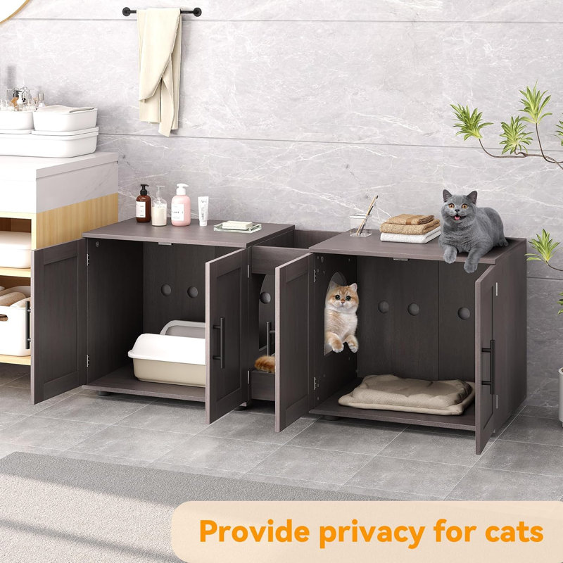 Meuble 3-en-1 multifonctionnel pour chat 55 po pour 2 chats cachés avec chambres doubles et portes de grange, Noir