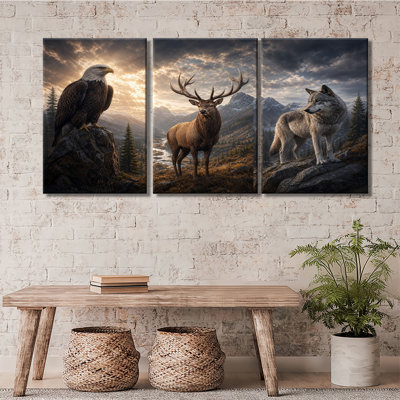Aigle à tête blanche, cerf, loup, montagne, impression sur toile tendue 3PC (1)
