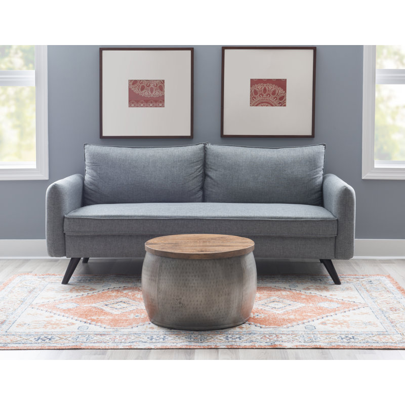 Synthia Hammered Metal Drum Coffee Table with Storage and Wooden Top, 16.5" H x 22.5" L x 22.5" W, Silver