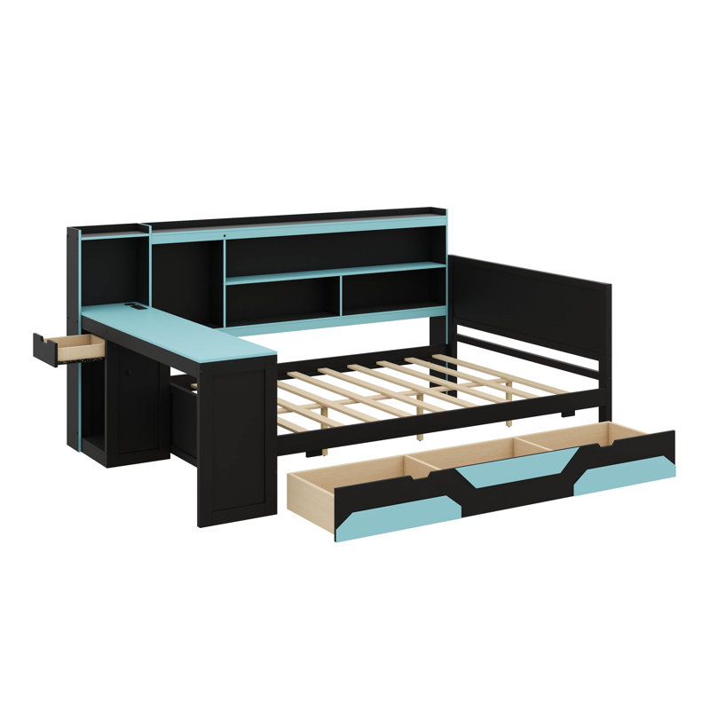 Lit de jour moderne axé sur le jeu avec bureau intégré et éclairage, cadre de lit en bois à 3 sections avec bibliothèque