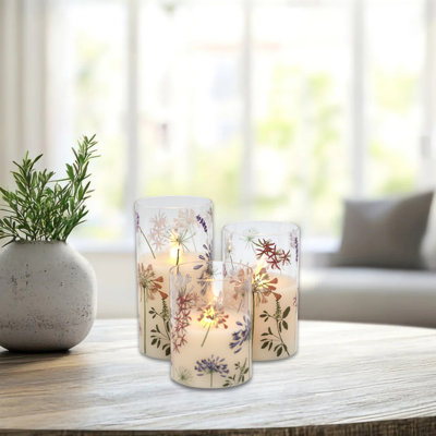 Battery Operated Glass Hurricanes with Floral Design - 3 Piece