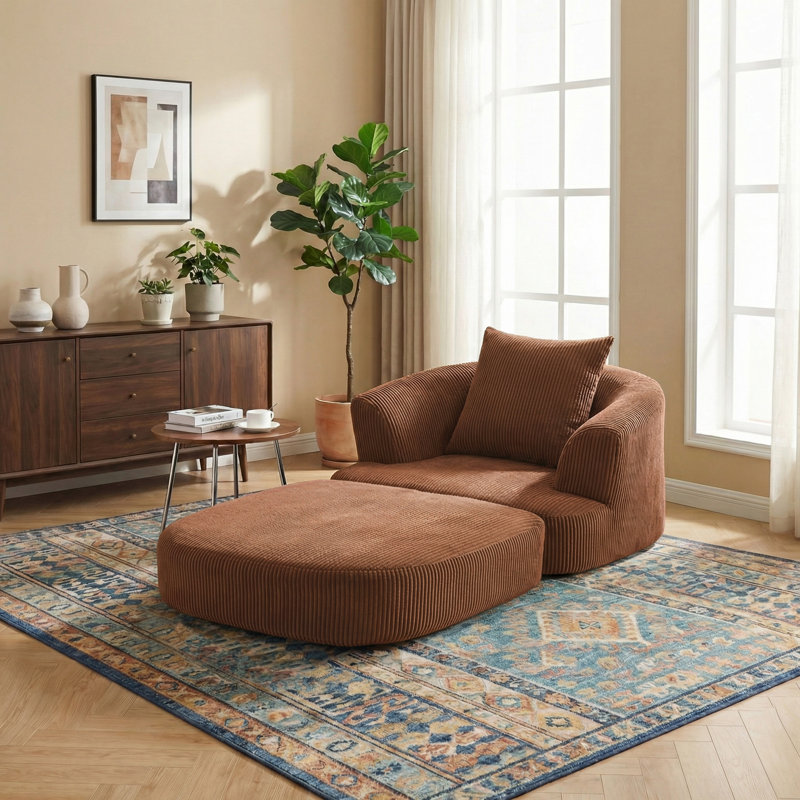 Oversized Upholstered Convertible Accent Barrel Chair, Orange Corduroy