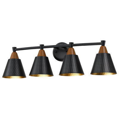 Éclairage pour salle de bain 4 lumières 30 "avec abat-jour en métal martelé et grain de bois artificiel