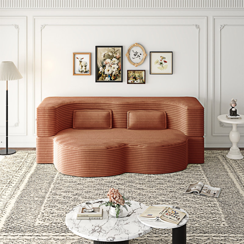Canapé convertible avec coussins, Velours côtelé orange