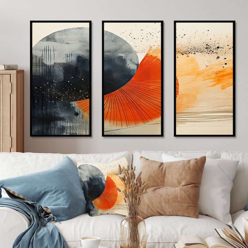 «Black and Orange Solar Eclipse», reproduction d'art murale abstraite, Cadre flottant noir, H 32 po x l 48 po x P 1 po