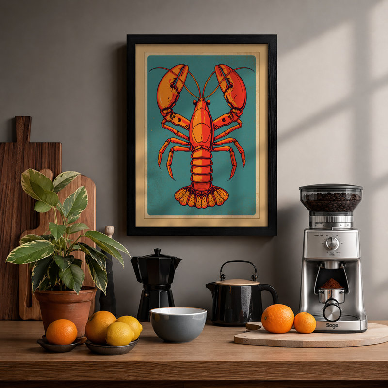 Centered Lobster Retro - Framed Print, Black, A3 - 42.0 x 29.7 cm