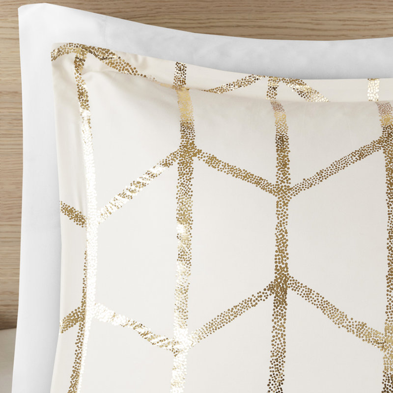 + housse de couette TG simple / simple TG - housse de couette à imprimé métallique, très douce, boutonnée, 2 taies décoratives, coussins décoratifs avec lignes géométriques et imprimé typographique doré sur microfibre, fermeture à boutons, garniture