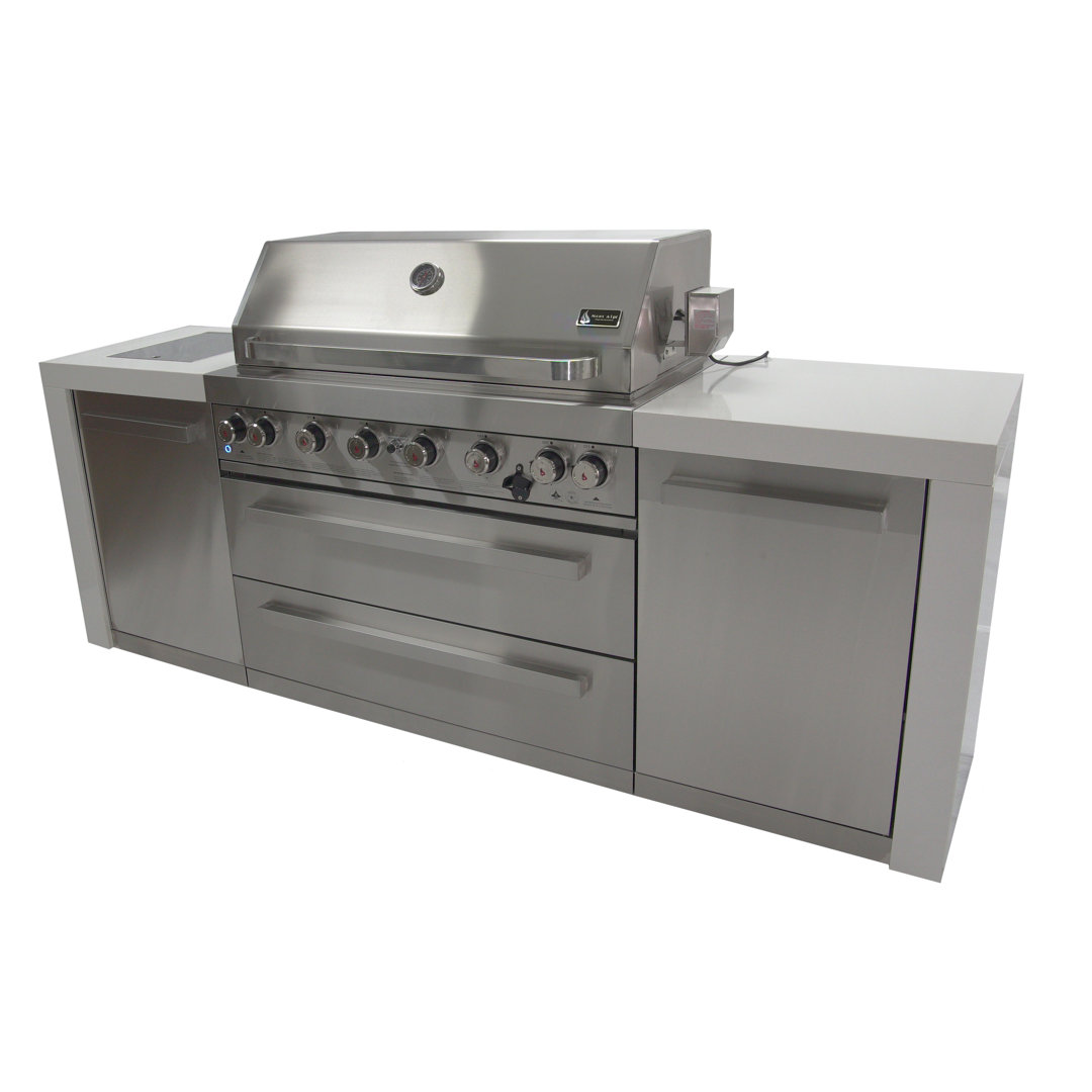Mont Alpi 805 MAi805-D 6-Burner 115000 BTU Stainless Steel Outdoor Kitchen Island BBQ Gas Grill + 2 Infrared Side Burners Granite Countertops, Storage Drawers & Cabinets, Rotisserie Kit, Weather Cover Mont Alpi