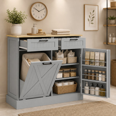 Farmhouse Inspired Style with Concealed Bin Storage Wood Grain Top and Barn Door Detail Kitchen Cabinet for Kitchen Dining Room Pantry and Coffee Bar