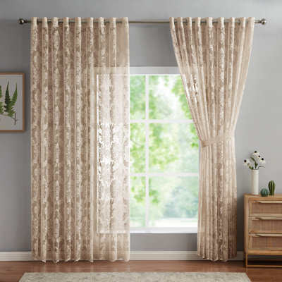 Pair Of Extra Wide 108" W x 100" L Gold Lace Curtains with Damask Design