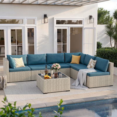 7 Piece Patio Conversation Set with Coffee Table and Cushions