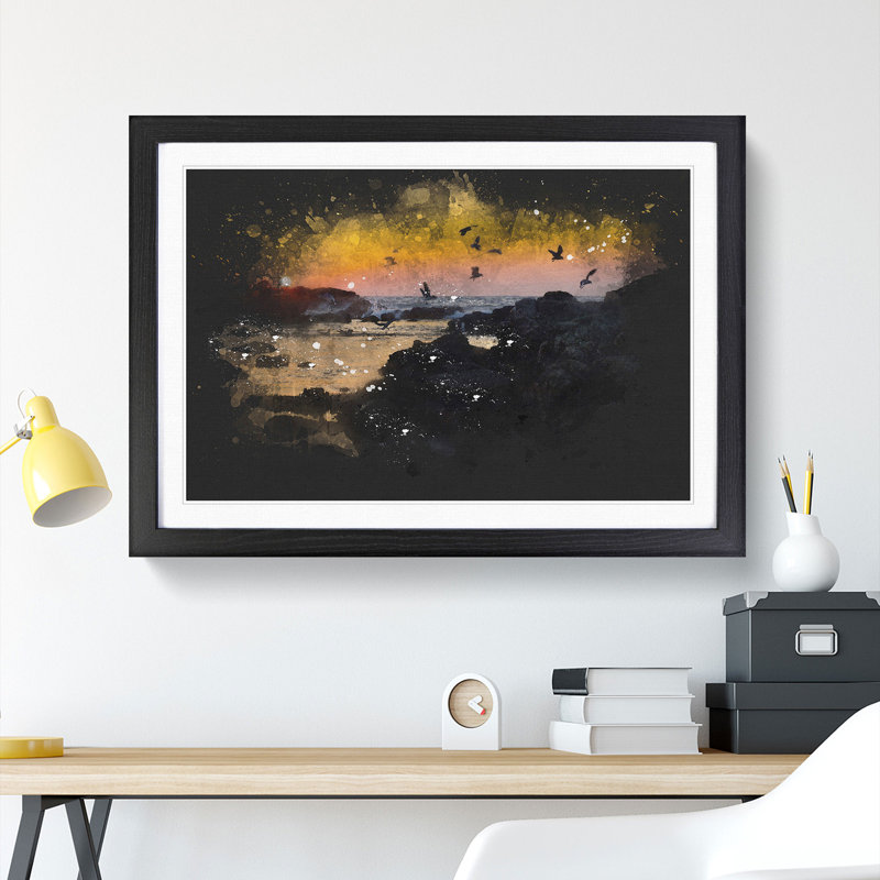 Sunset at the Beach in Spain Paint Splash - Picture Frame Graphic Art, Black, 27cm H x 36cm W x 2cm D