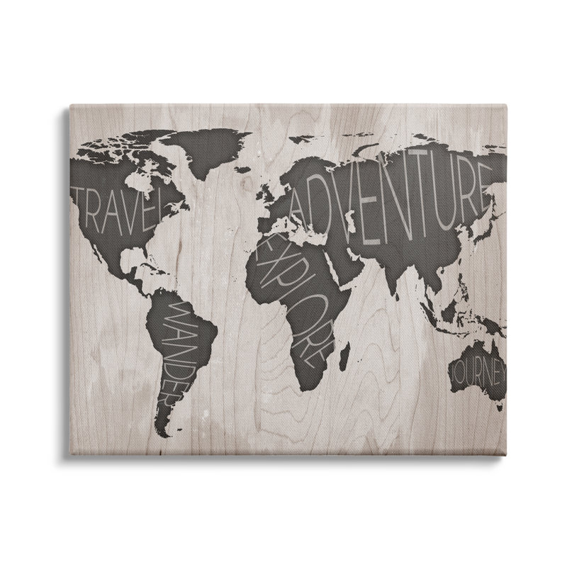 " Travel Wander Explore Rustic World Map Grain Pattern ", Wrapped Canvas, 36" H x 48" W