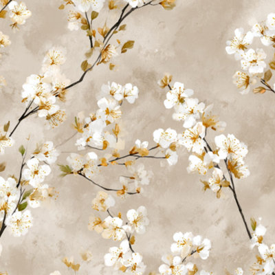 Peel and Stick Wallpaper Cherry Blossom Branches White Flowers Gold Accents Soft Contact Paper Removable Self Adhesive Wall Mural Wall Decor for Bedroom Kitchen Cabinets 17.7in x 118in