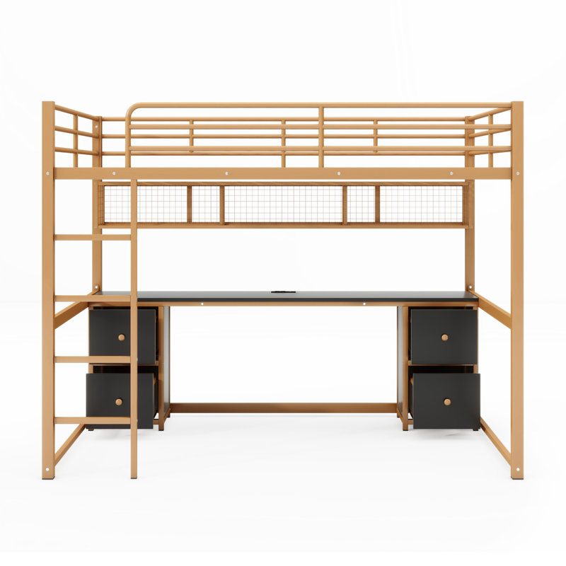 Full Size Metal Loft Bed with Desk, Cabinets, Drawers and Bedside Tray, Charging Station, USB and socket, Gold