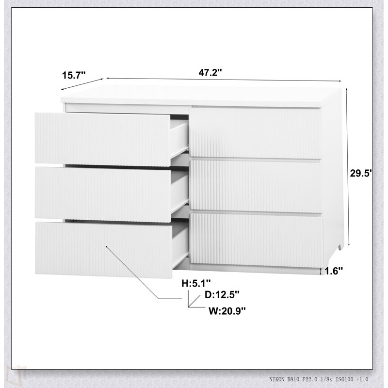 Commode moderne à 6 tiroirs, façades à panneau ondulé, armoire de rangement, commode polyvalente pour chambre à coucher, salon - solution de rangement élégante et spacieuse