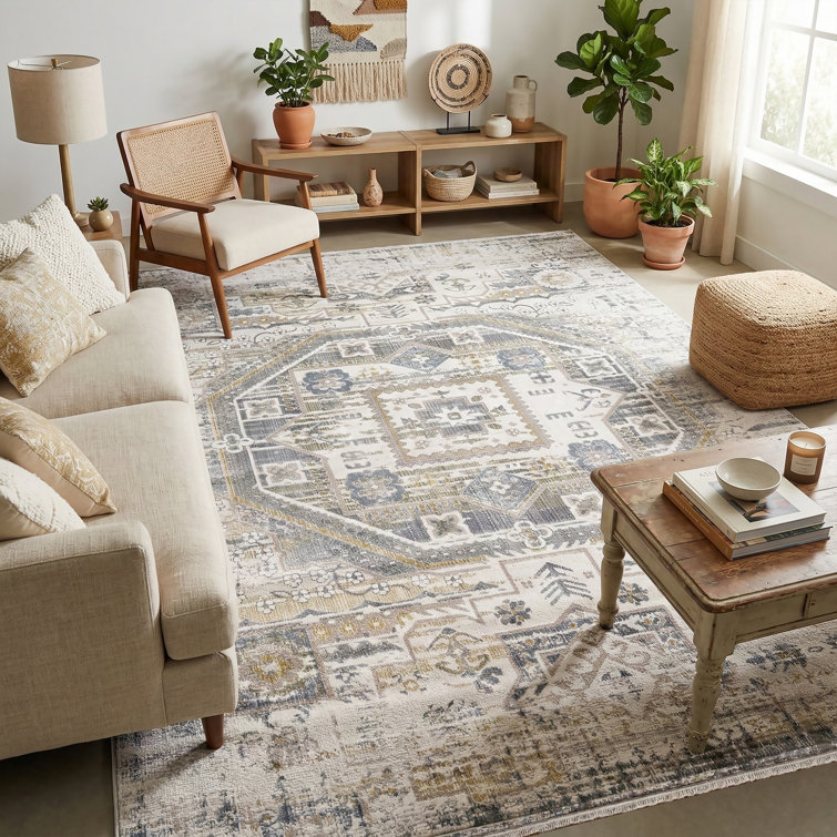 Boho Vintage Fringe Area Rug In Cream/Beige/Gray/Yellow/Blue Carpet For Living Room, Bedroom, Hallway