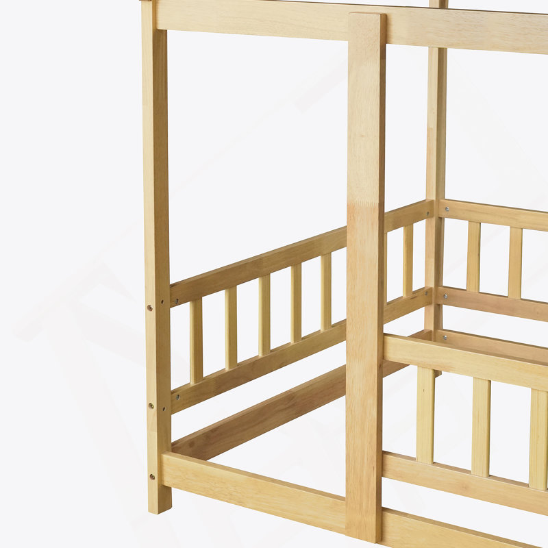 Lit simple en bois avec structure de toit et garde-corps, finition naturelle pour chambre d'enfant, Naturel, Lit simple