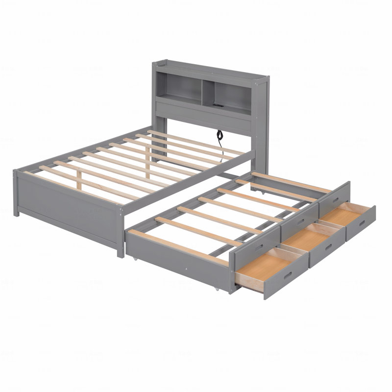 Lit plateforme double avec lit gigogne, tiroirs et prises USB