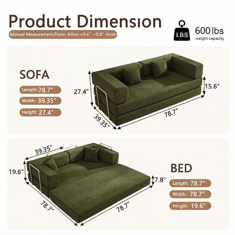 Canapé-lit convertible multifonctionnel avec structure stable, Vert