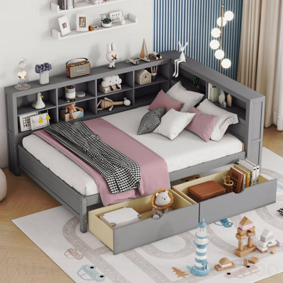 Structure de lit de jour double en bois, 2 tiroirs, tablette de rangement, USB