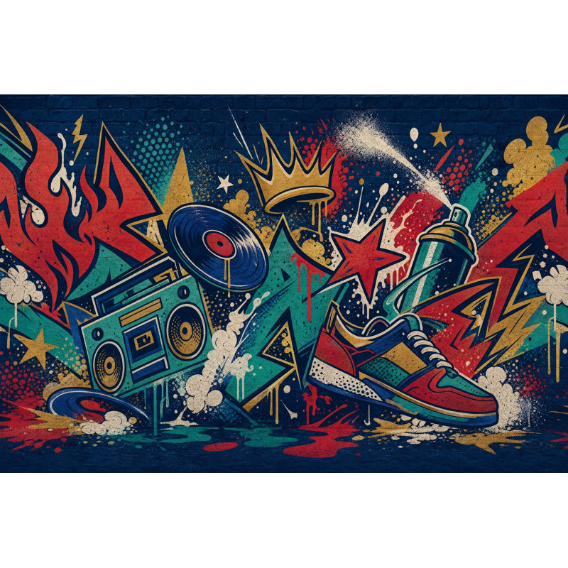 Papier peint graffiti boombox, mur de briques, art urbain, murale, 160"x108", Peel and Stick