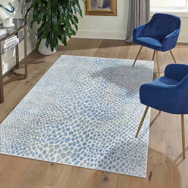 Tapis ivoire / bleu / gris en polyester tissé à la machine Azion, Rectangle 4 pi 1 po x 6 pi 1 po