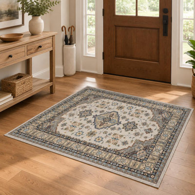 Traditional Medallion Border Washable Vintage Area Rug, Ultra-Thin Non-Slip Printed Floor Carpet for Living Room, Bedroom, Kitchen and Dining Room