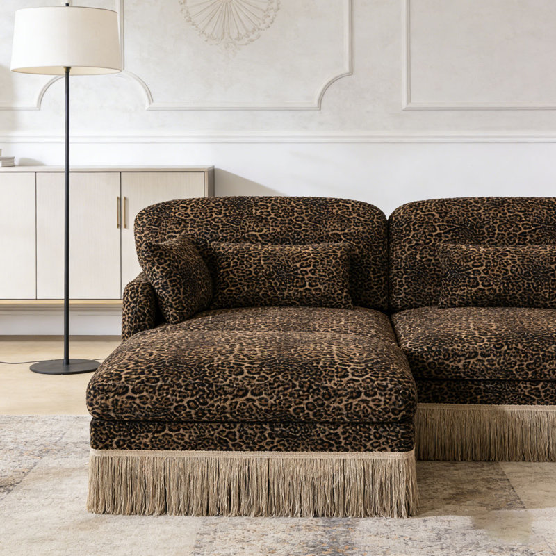 Comfy Chenille Leopard Printing Sofa,Delicate Tassel Edge,Movable Ottomans,Modern Fashion Style, Brown+2seat+1Ottomans