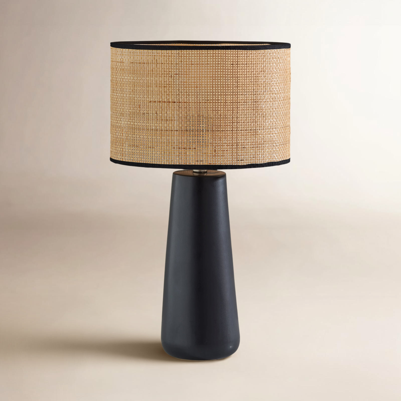 Piazza Ceramic Table Lamp, Black, Natural Rattan w. Black Trim, 22.25''H x 12.5''W x 12.5''D