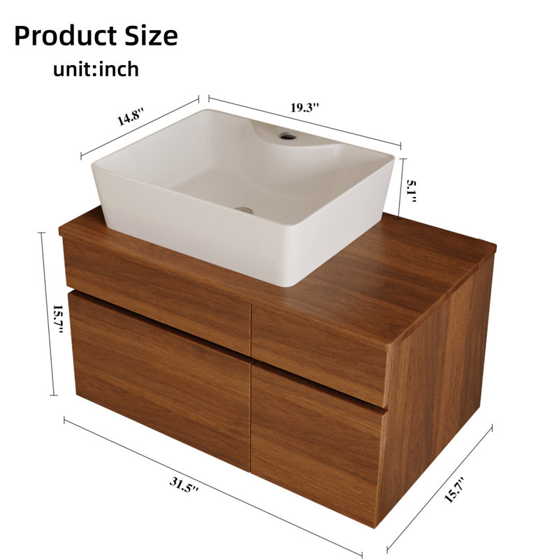 31.5-inch Floating Single-person Compact Bathroom Vanity With Sink, Soft-close Drawers, Walnut