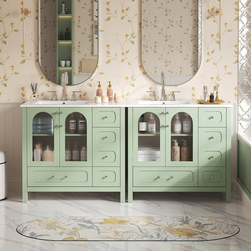 Armoire de salle de bain 72 po avec portes à texture gaufrée, grand meuble-lavabo avec huit tiroirs, quatre portes à fermeture en douceur et comptoir double, rangement de salle de bain avec portes en verre
