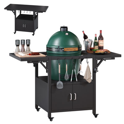 Chariot de barbecue extérieur pour gros œufs verts, table de préparation mobile avec rangement, chariot de salle à manger en métal avec 2 plateaux de bureau amovibles et couvercle central, compatible avec un barbecue à œufs de 22 po et une plaque chauffante