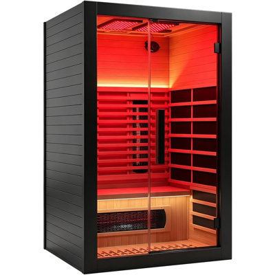 2 Person Full Spectrum Infrared Indoor Sauna with WiFi, Red Light Therapy | Hemlock Wood Dry Sauna with 660nm & 850nm Red Light, Built-in Speakers, 7 Color Lights, Oxygen Bar, Panoramic Tempered Glass