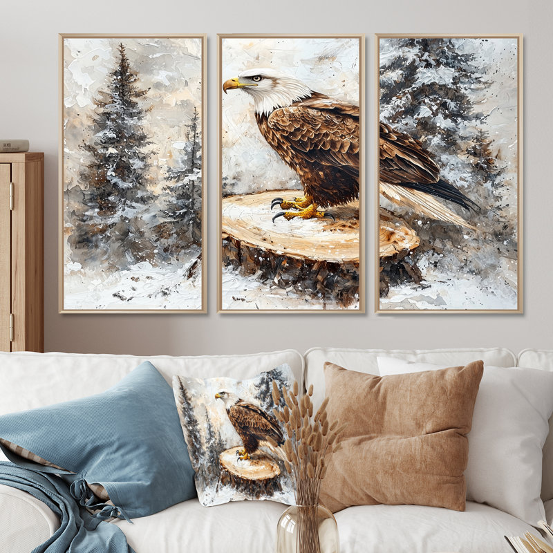 Aigle, veillée silencieuse en hiver - Art mural sur toile aigle - 3 panneaux, H 28 po x l 36 po, Érable