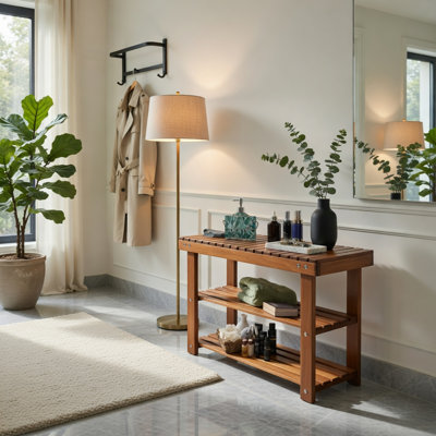 Banc à chaussures autoportant en bois d'acacia avec tablettes de rangement à 3 niveaux - Rangement d'entrée en teck pour le couloir, la salle de bain et le salon