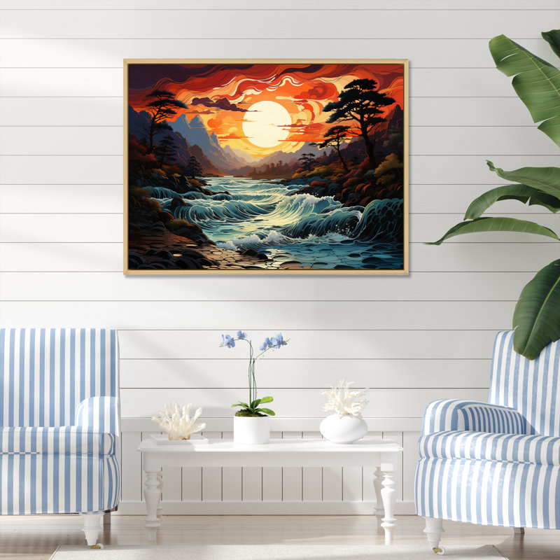 Bijal Coastals Sunset Majestic Mountain River II - impression, Cadre naturel flottant, H 34 po x l 44 po x P 1,5 po