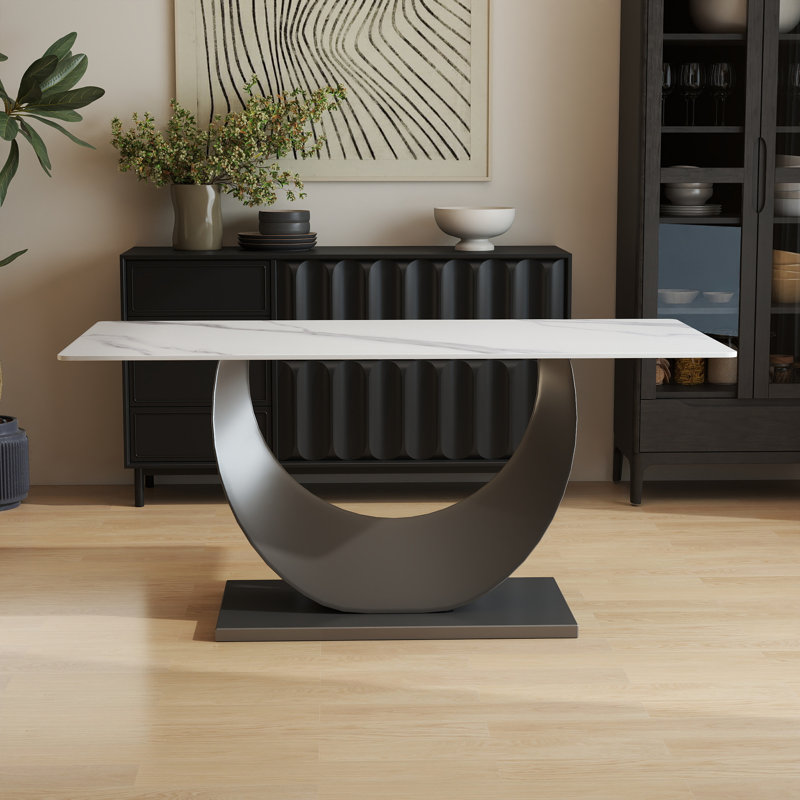 Table de salle à manger rectangulaire moderne en pierre frittée avec base piédestal, Blanc