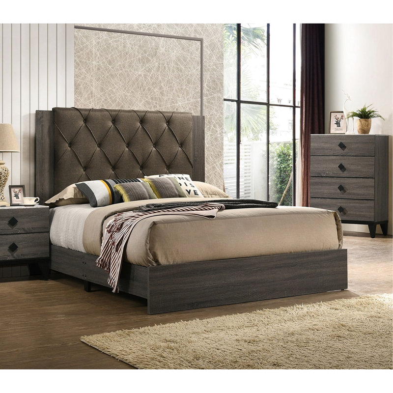 Lit pour chambre à coucher avec tête de lit design, couleur grise, structure en bois d'hévéa pour la chambre à coucher, finition,